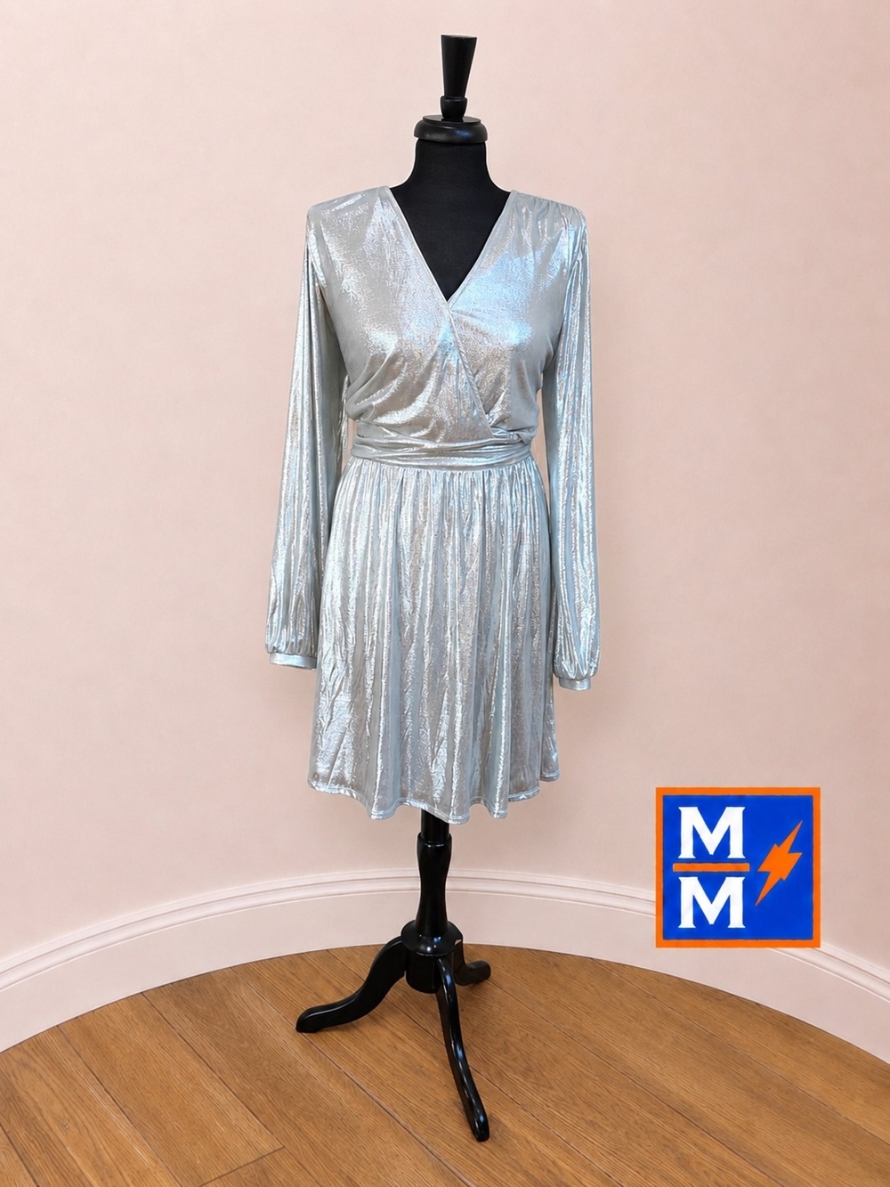 Torrid Size 2 (XXL) Silver Metallic Long Sleeve Wrap Dress Party Holiday